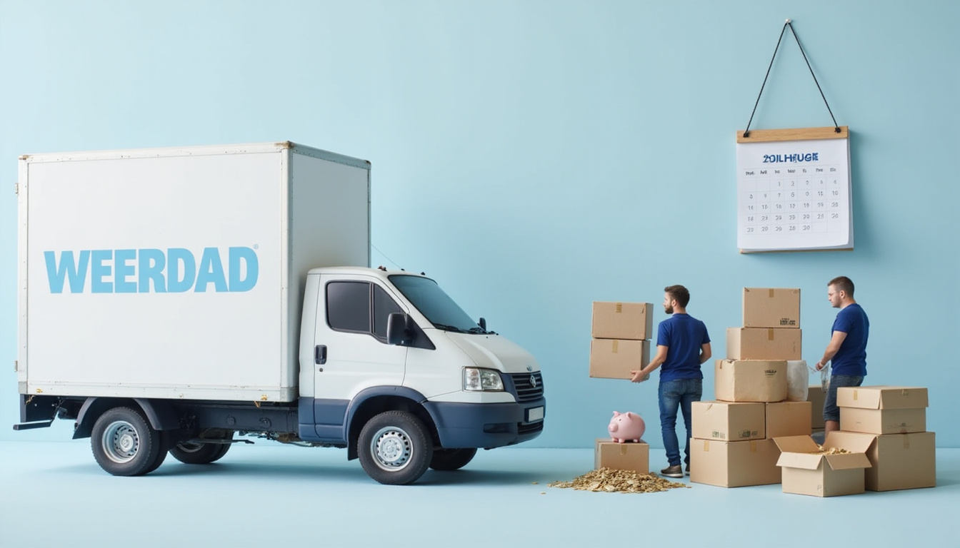  Small moving truck parked, calendar showing weekend, coins spilling from piggy bank, efficient organized boxes