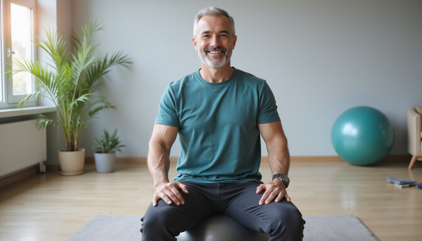  Senior man performing seated stability ball posture exercise, calm gym, improved balance, confident smile