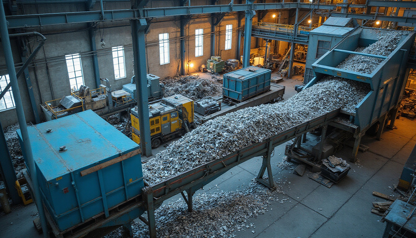 Overhead shot of efficient recycling plant, conveyors moving shredded steel, HUD overlays, dynamic motion blur