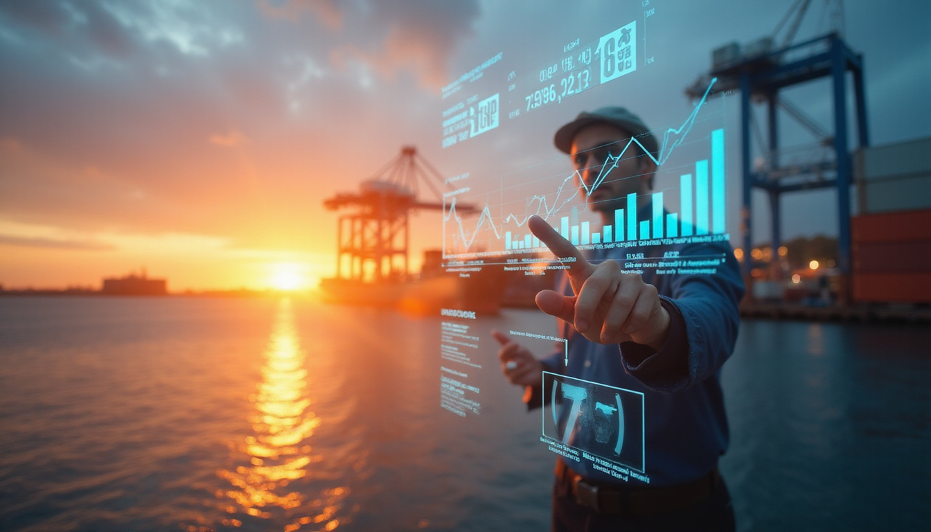  Logistics manager pointing at holographic per ton pricing charts, bustling port background, optimistic sunrise