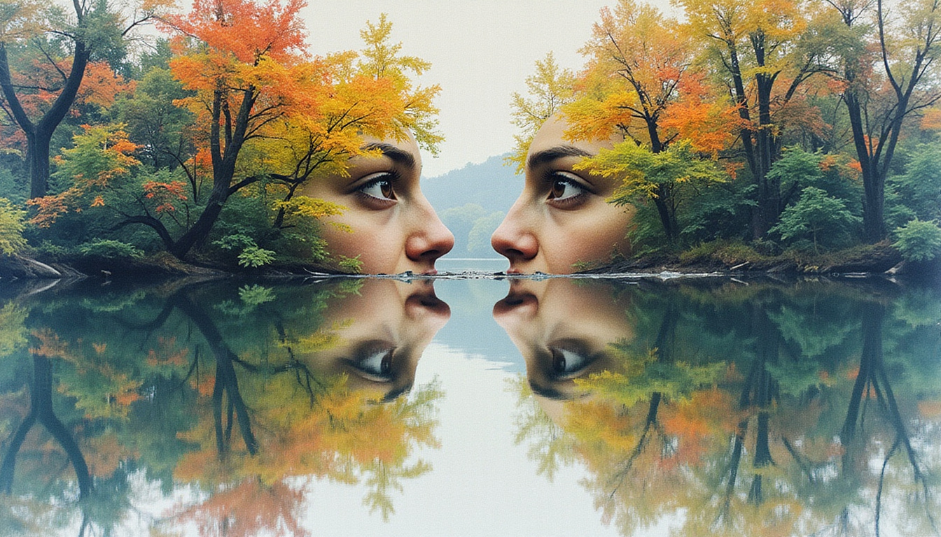  Shattered mirror reflecting multiple faces melting into nature, tranquil forest, watercolor textures