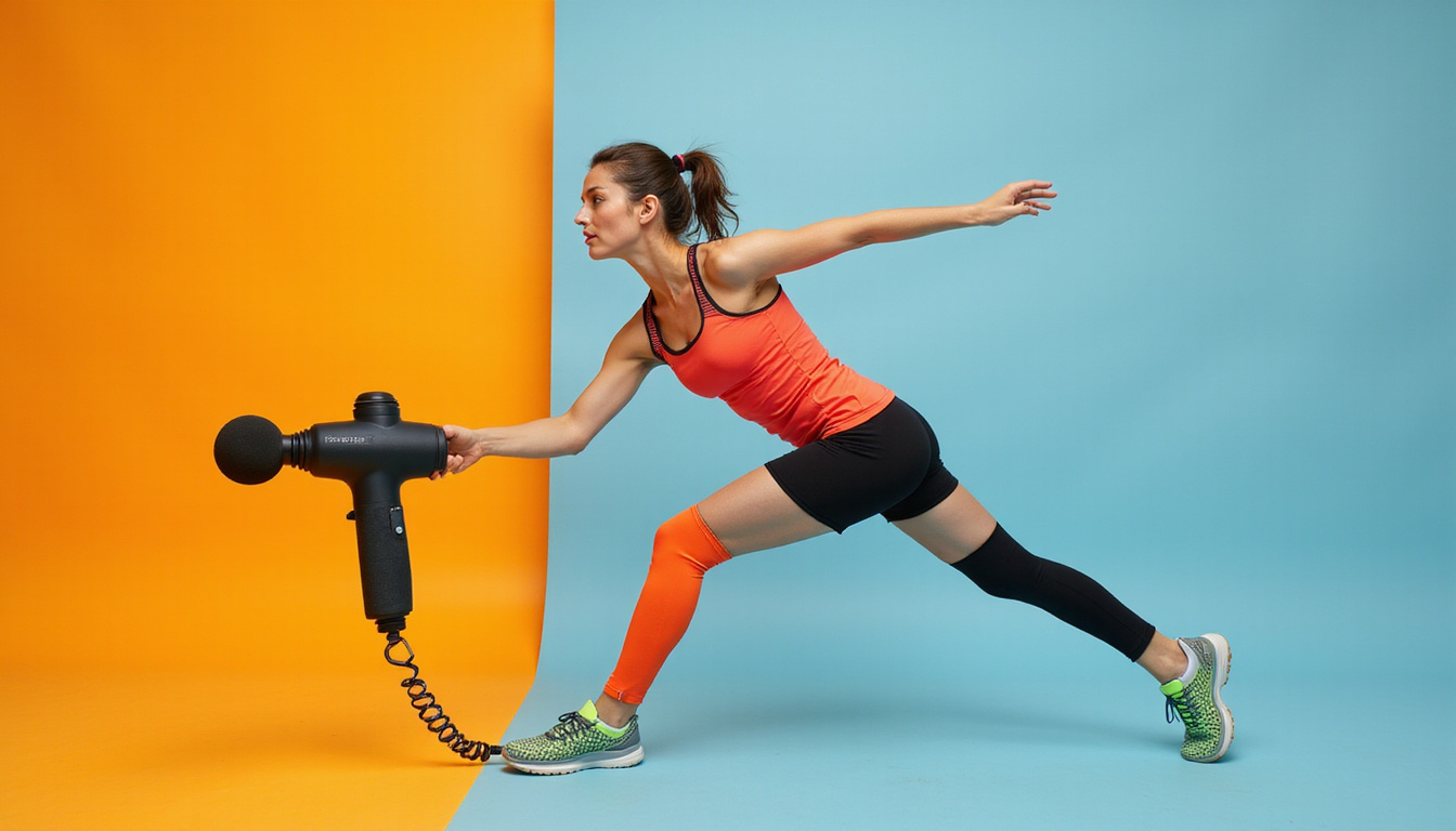  Player using massage gun and compression boots, vibrant sportswear, dynamic motion, recovery hacks montage