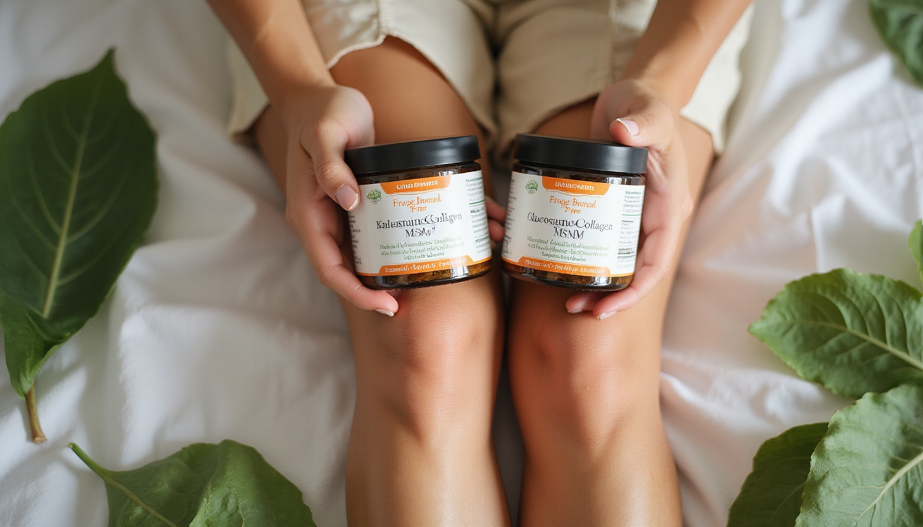  Close-up of hands massaging knee with herbal jars labeled glucosamine-free collagen MSM vitamin D, green leaves