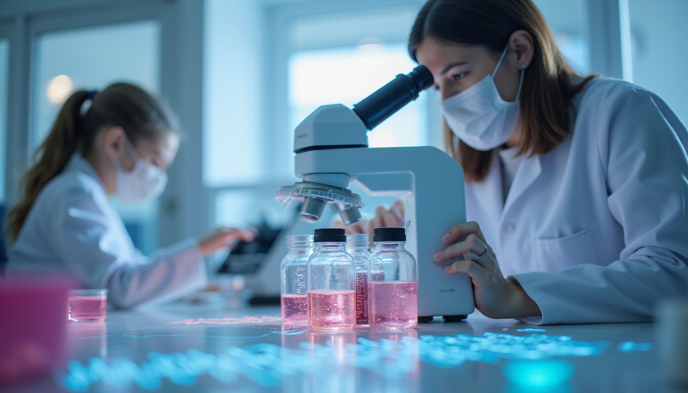  Laboratory microscope, biobank vials labeled, data charts overlay, heartbeat monitor, precision and optimism