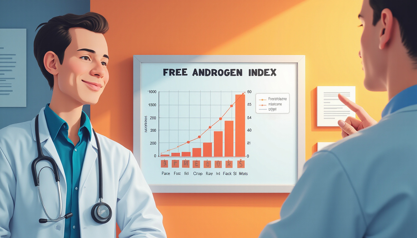  Friendly doctor pointing to simplified hormone chart labeled "Free Androgen Index", warm lighting