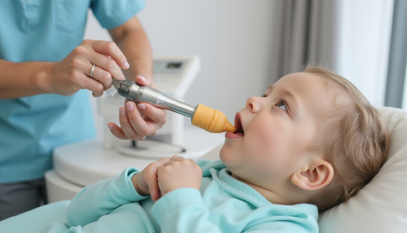  Instructional scene showing posture adjustment, tongue strengthening tools, textured purees, calm hospital therapy room