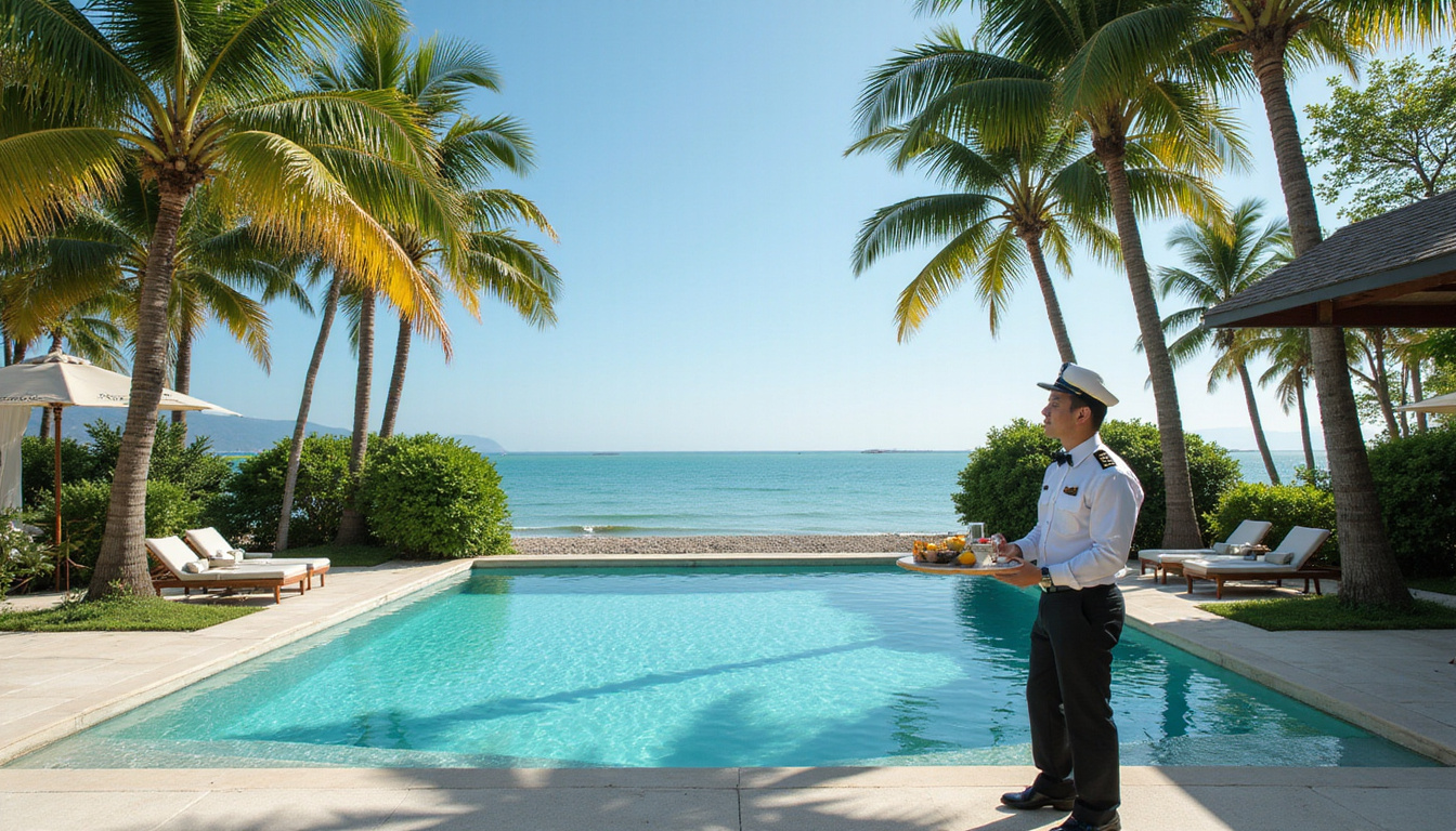  Palm-fringed luxury estate, crisp uniformed butler arranging breakfast tray, turquoise lagoon