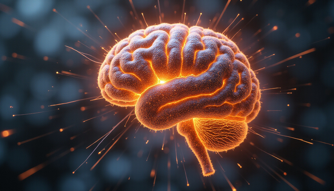  High-tech metabolic breakthrough infographic, brain sharpness beams, molecular structures, golden precision