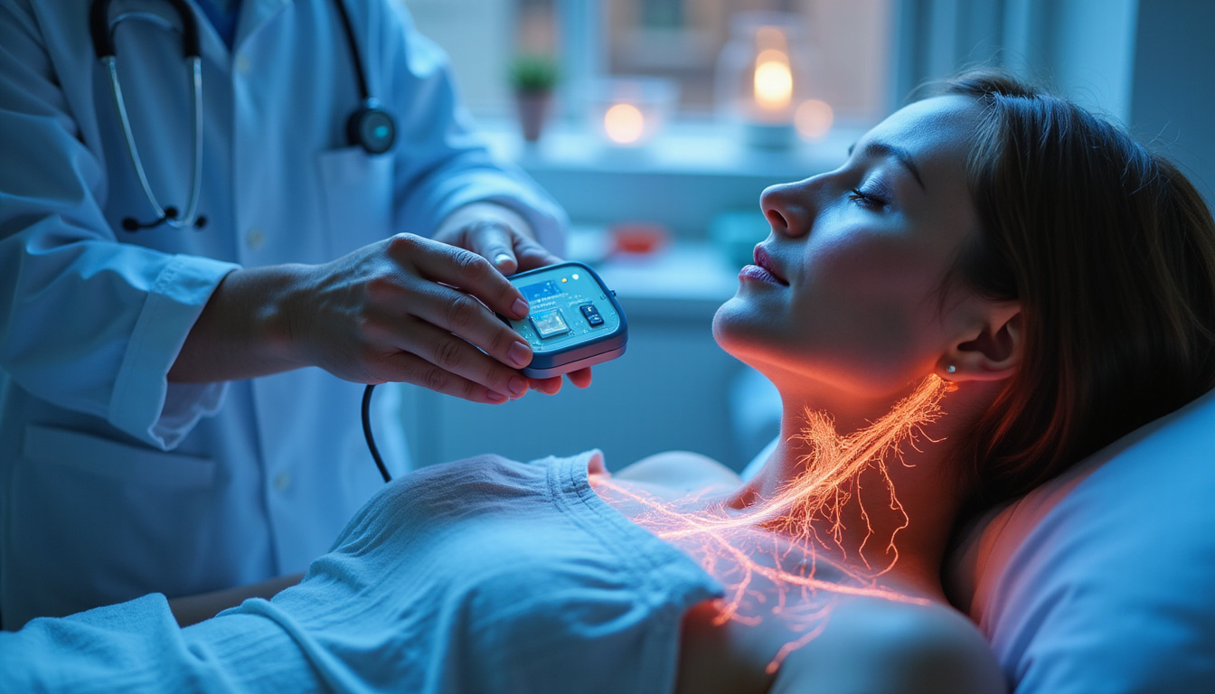  Futuristic clinic scene: doctor programming tiny DRG stimulator device, patient relaxed, neural pathways highlighted