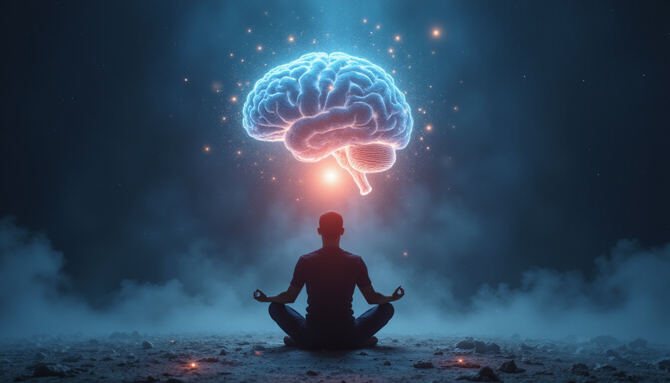  Ethereal brain-shaped light hovering above meditating figure, neurons softly glowing, battery icon recharging