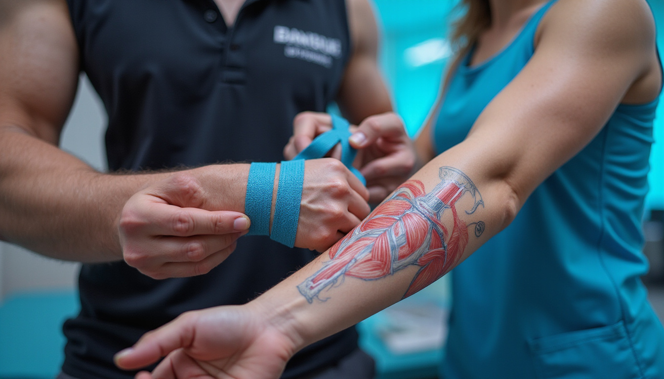  Sports therapist applying kinesiology tape to forearm, illustrated anatomy overlay, vibrant clinic lighting