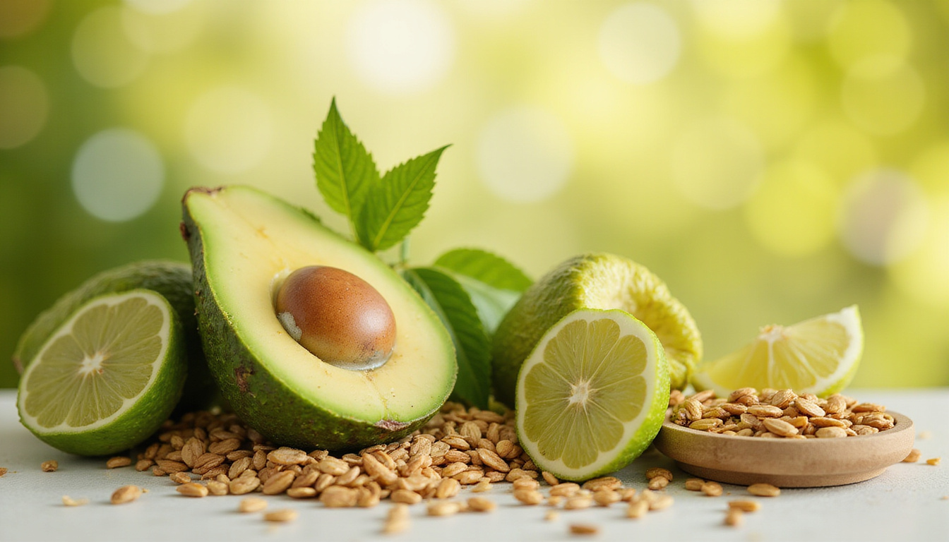  Natural remedy still life: herbs, flaxseeds, avocado, scale balancing hormones, soft morning light
