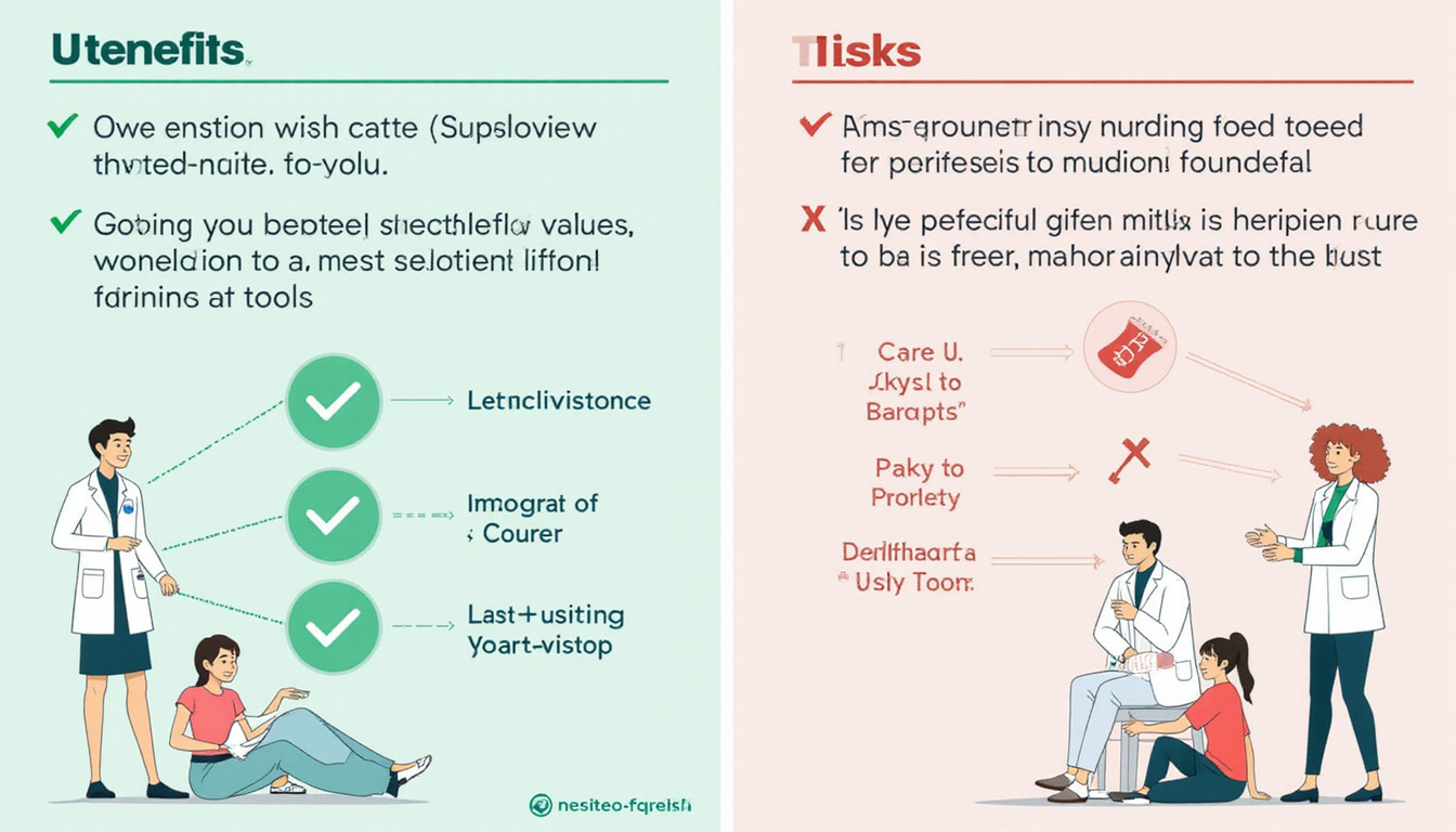  Split-screen infographic: benefits highlighted with green checkmarks, risks with caution symbols, clean clinical style