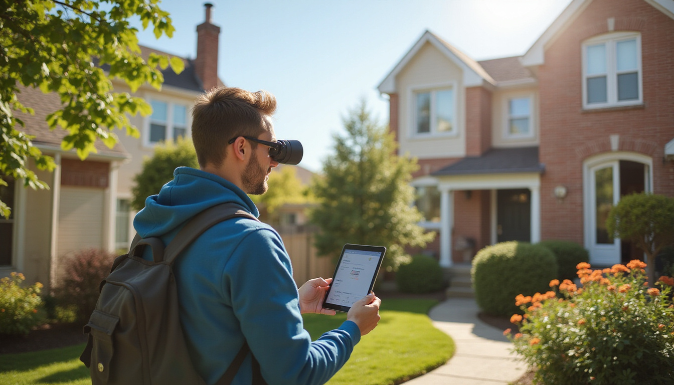  Agent scanning neighborhood with binoculars, tablet showing fast listings, treasure-chest marker on backyard