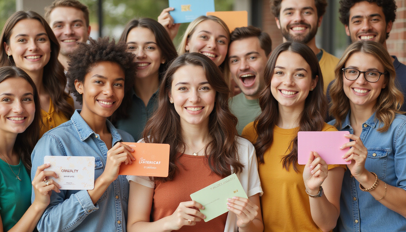  Diverse smiling customers surrounded by tailored offers, loyalty cards, golden retention key