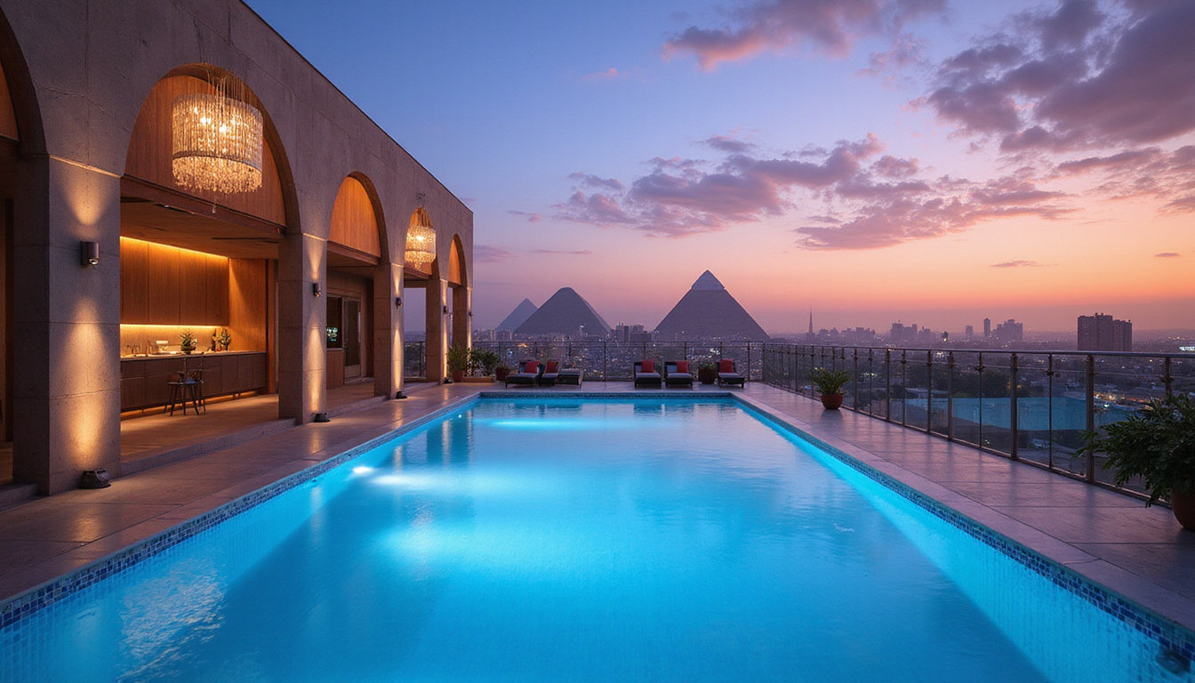  Rooftop pool overlooking Cairo skyline and pyramids, discreet concierge, crystal chandeliers, serene twilight
