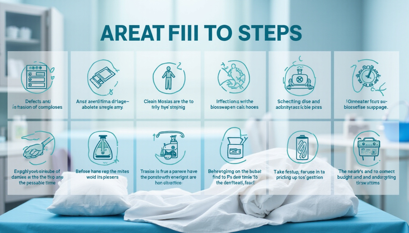  Photorealistic infographic of ten aseptic steps, labeled icons, clean drape, biosafety cabinet backdrop
