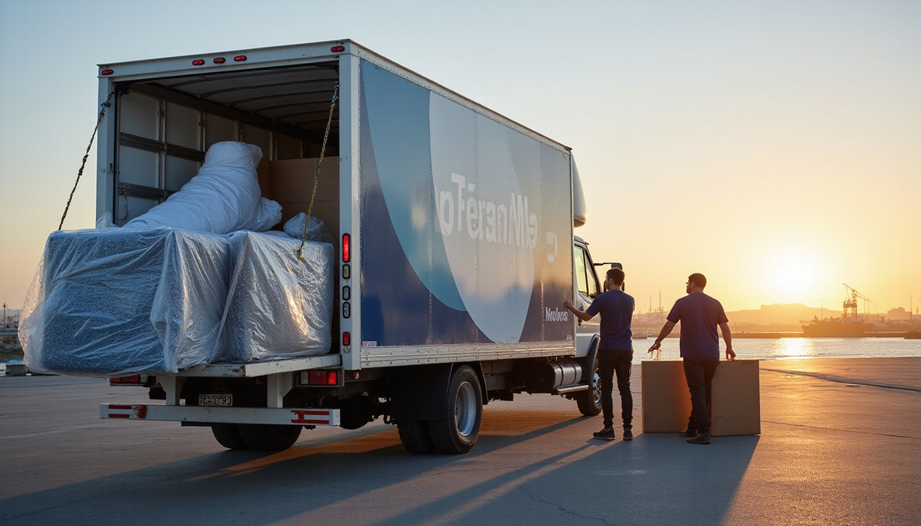  Climate-controlled moving van with bubble-wrapped sculptures, professional movers, sunset over Israeli port