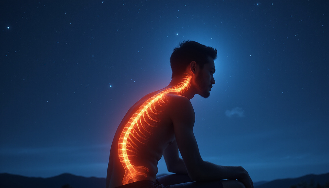  Illustration of glowing sciatic nerve easing pain, gentle stretch silhouette, night sky background