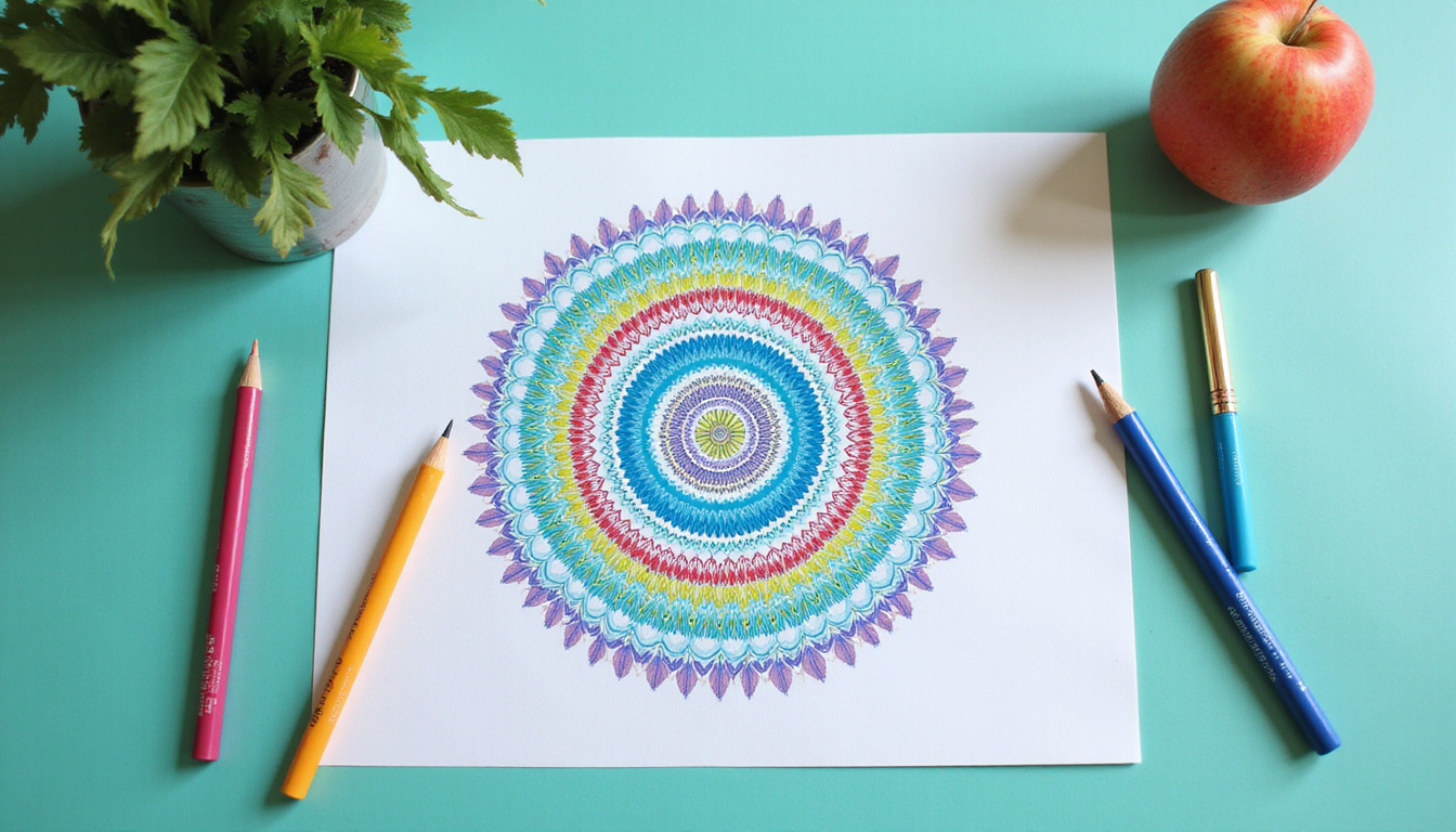  Minimal desk with colored pens, radiating geometric mandala on paper, soothing blue-green palette
