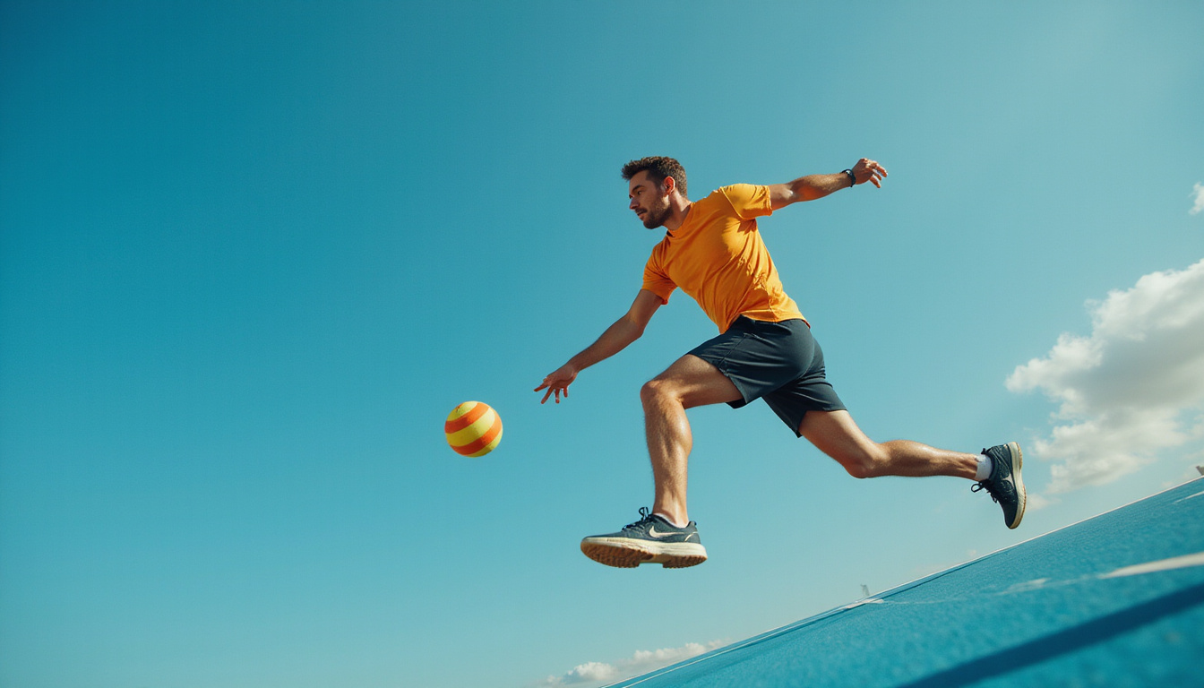  Low-angle action shot, athlete lunging for volley, speed trails and HUD metrics for consistency