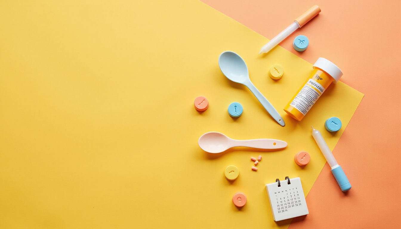  Minimalist dosage guide with spoons, dropper, calendar, health icons, crisp flat-lay