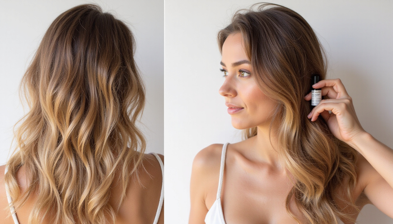  Before-and-after montage showing thinning to thick hair, serum application, rejuvenated scalp, natural light