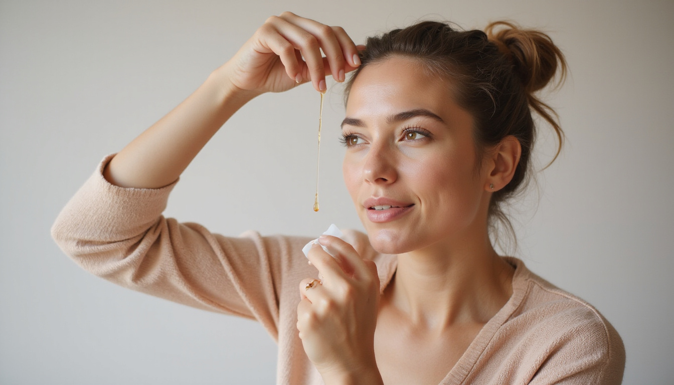  Woman applying botanical serum to thinning hair, hopeful expression, symbols of estrogenic molecules rising