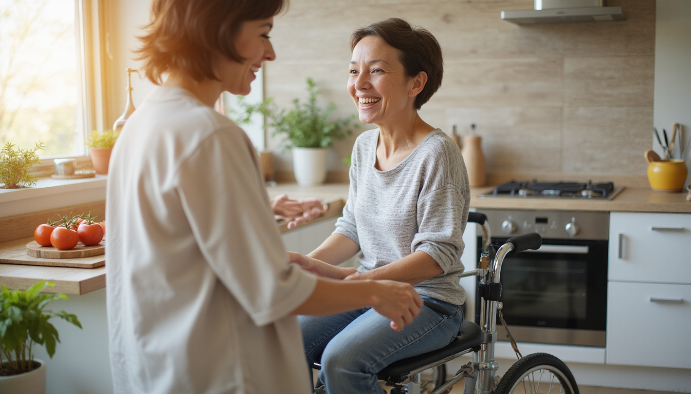  Home scene: adaptive kitchen tools, caregiver support, patient practicing mobility, warm morning light