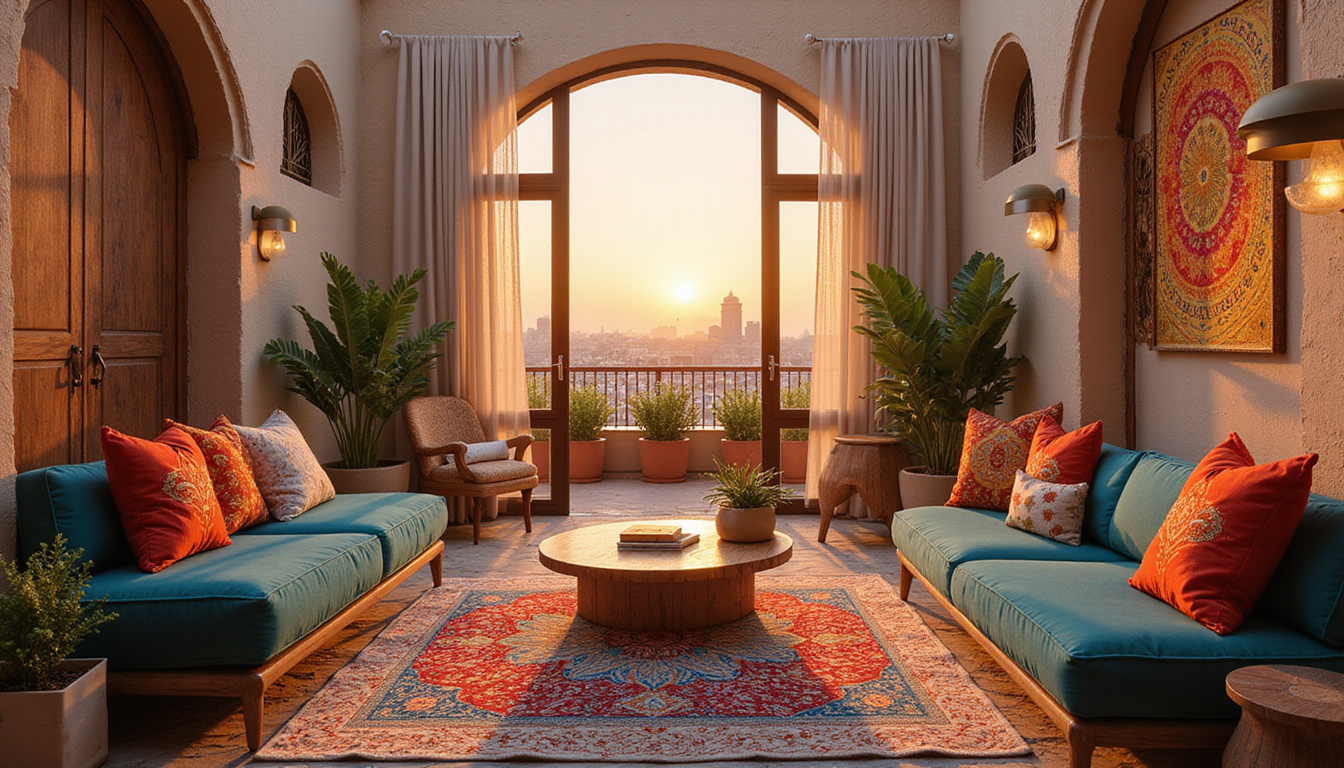 Affordable urban coliving courtyard with Arabic patterns, coworking corner, Nile skyline at sunset