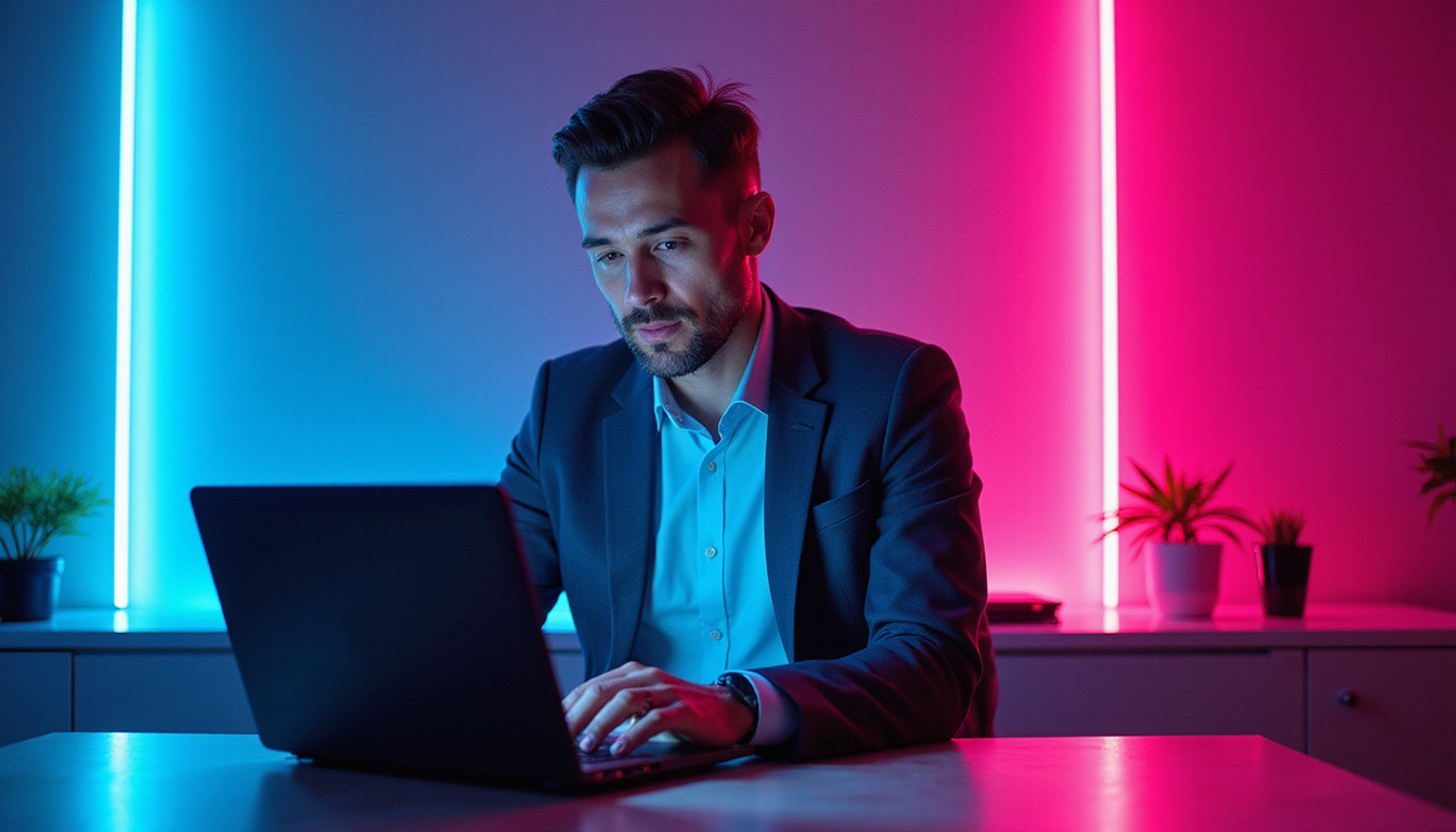  Modern strategist at neon laptop revealing secret charts, quadruple conversions, minimalist office