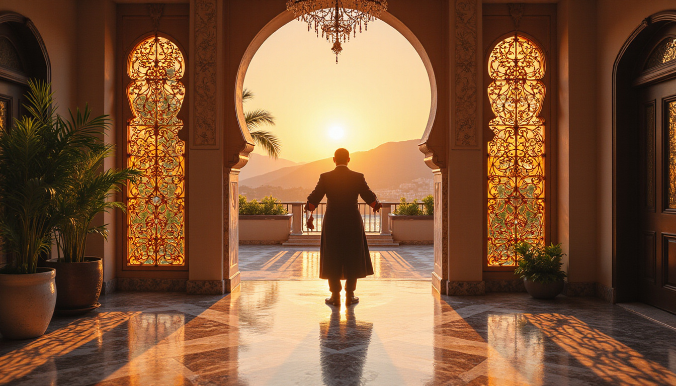  Concierge revealing secret room key, marble foyer, lush terrace, Arabian motifs, sunset glow
