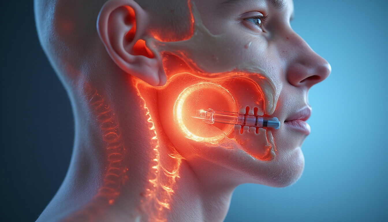  Anatomical cross-section of jaw with inflamed TMJ healing after injection, soothing light, infographic