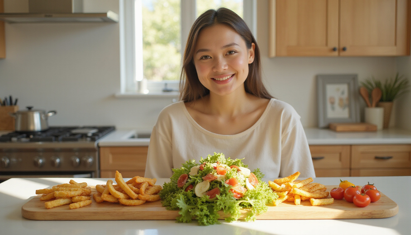 Sunlit kitchen counter with simple swaps: fries replaced by colorful salad, energized smiling person