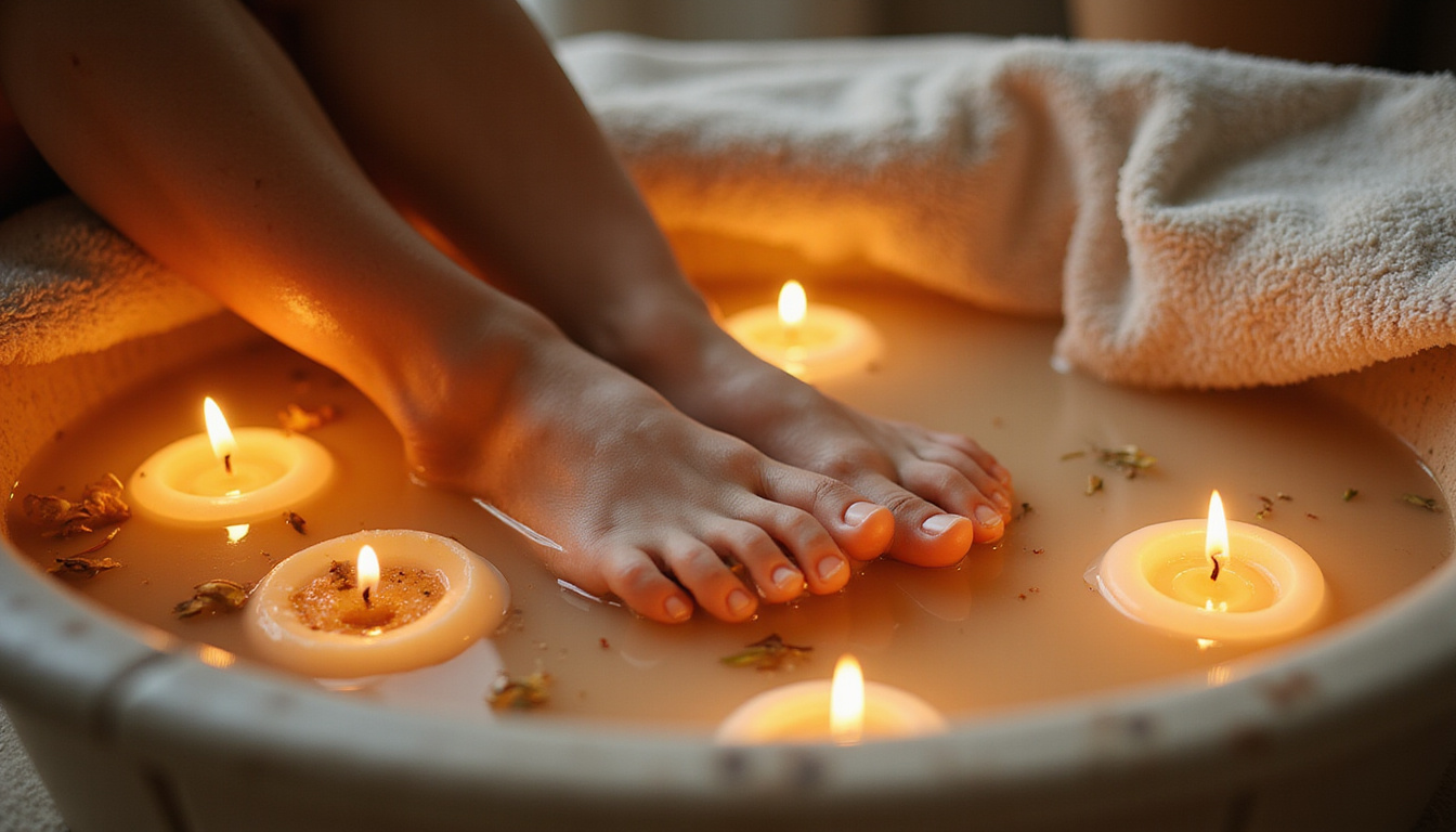  Close-up warm foot soak with candles and herbal tea, soothing steam, soft towels