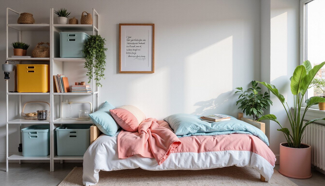 minimalist after shot: tidy dorm shelf, clear bins, folded bedding, motivational poster, serene light