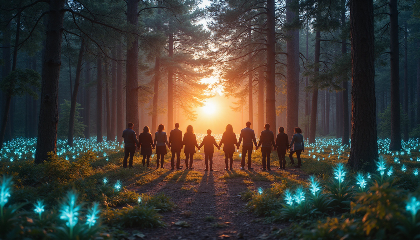  Forest integration circle at dawn, diverse group holding hands, bioluminescent plants, serene transformation