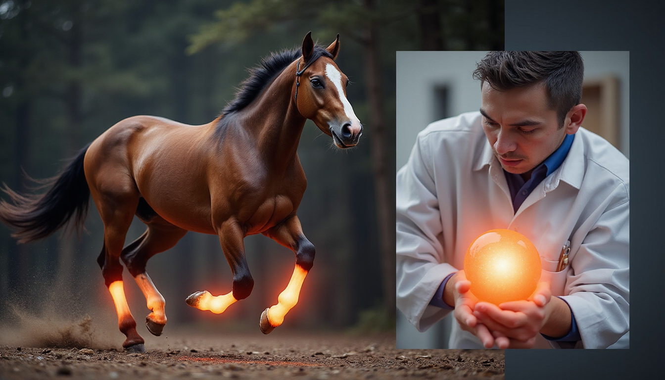  Split-scene: active horse running with glowing joints versus inset swelling, vet examining concerned owner