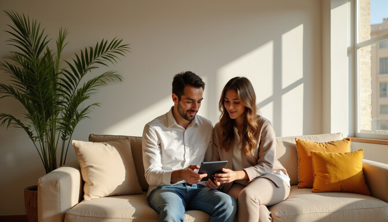  Young couple reviewing apartment listings on tablet in sunlit minimalist Cairo flat, palm shadows