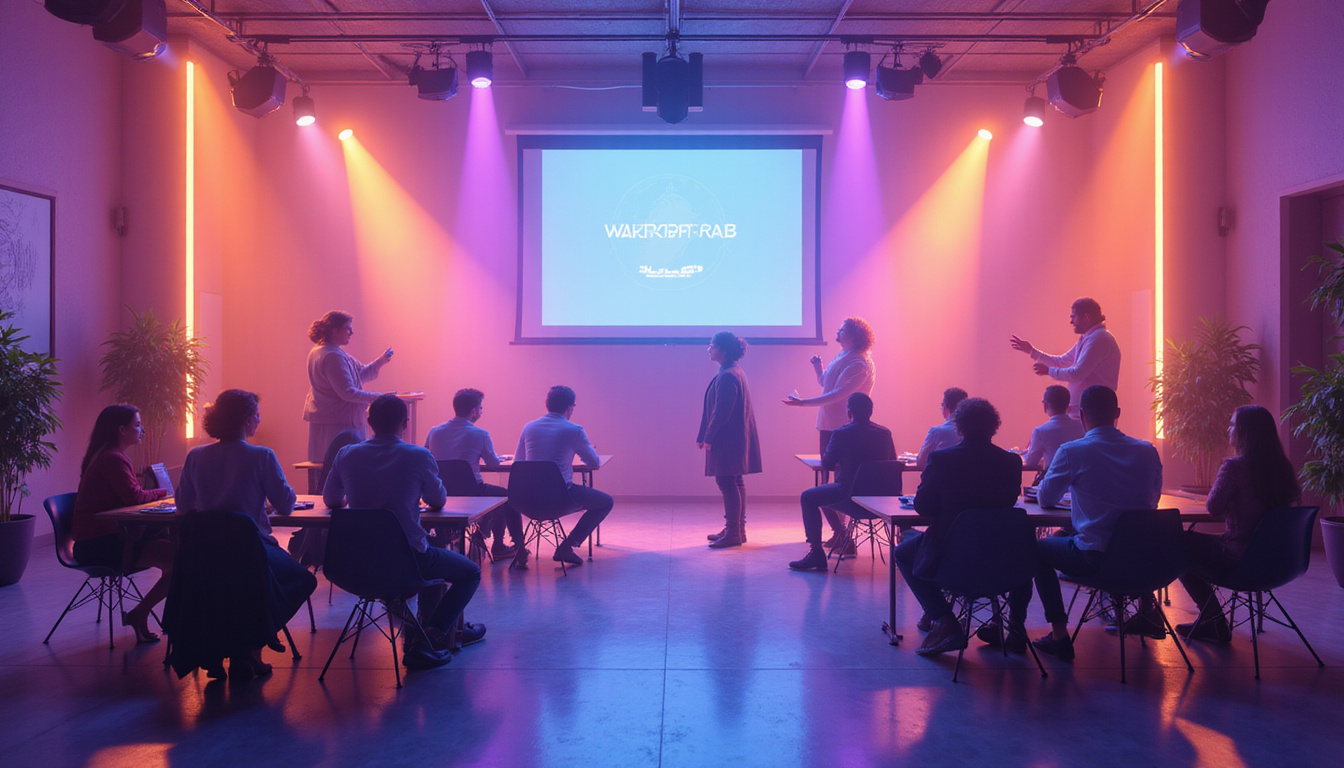  Interactive workshop scene: creators engaging followers with polls, rewards, glowing engagement metrics