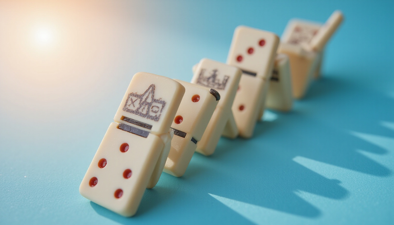  Cinematic image of dominoes labeled eligibility criteria toppling a clinical trial pipeline, dramatic shadows