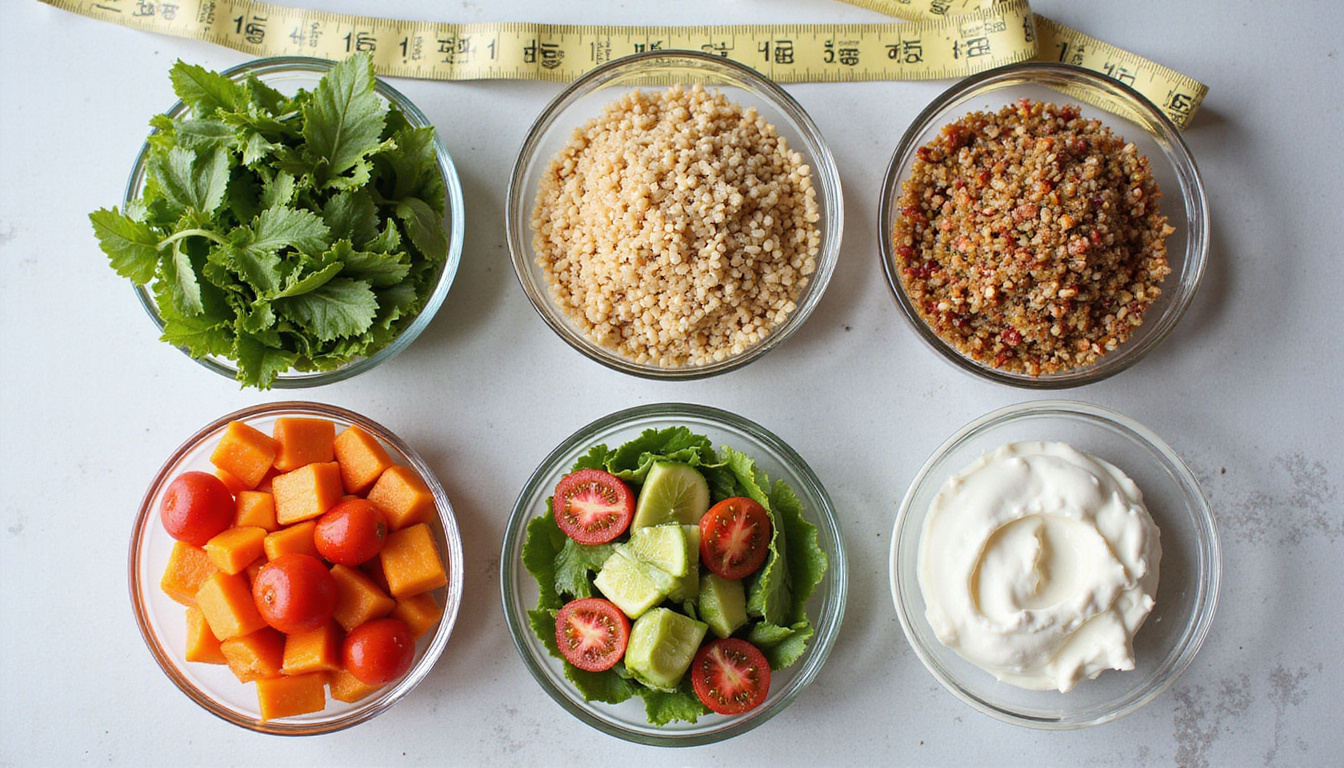  Top-down meal-prep flatlay: portioned bowls, whole grains, colorful salads, Greek yogurt, measuring tape subtly included
