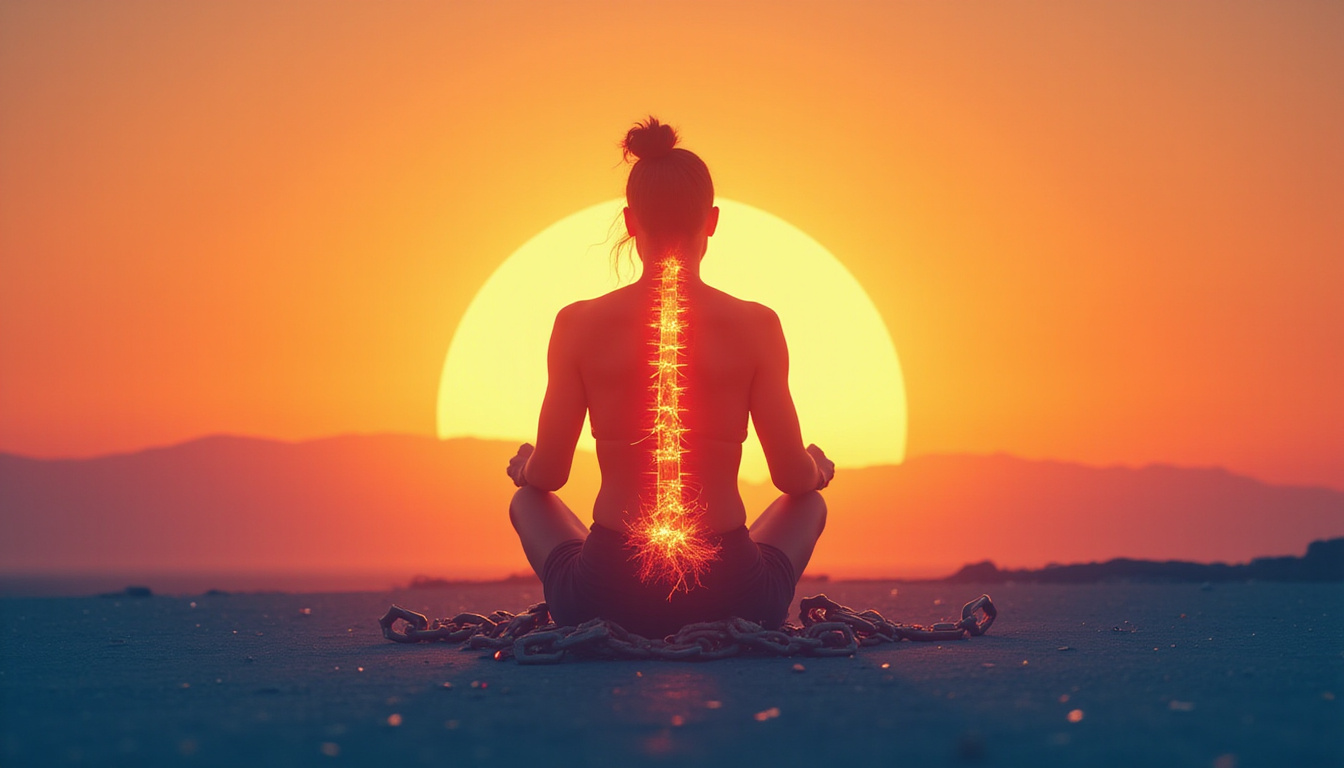  Symbolic image: shattered chains around lower back, sunrise behind spine, hopeful calm