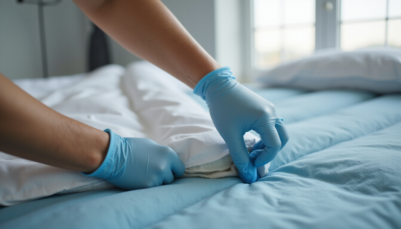  Close-up: gloved hands unscrewing metal bed bolt, foam corner protectors, bright tidy bedroom