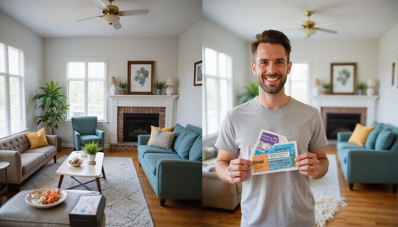 Before-and-after living room transformation, clutter vanished, smiling homeowner holding saving coupons, stopwatch showing fast service