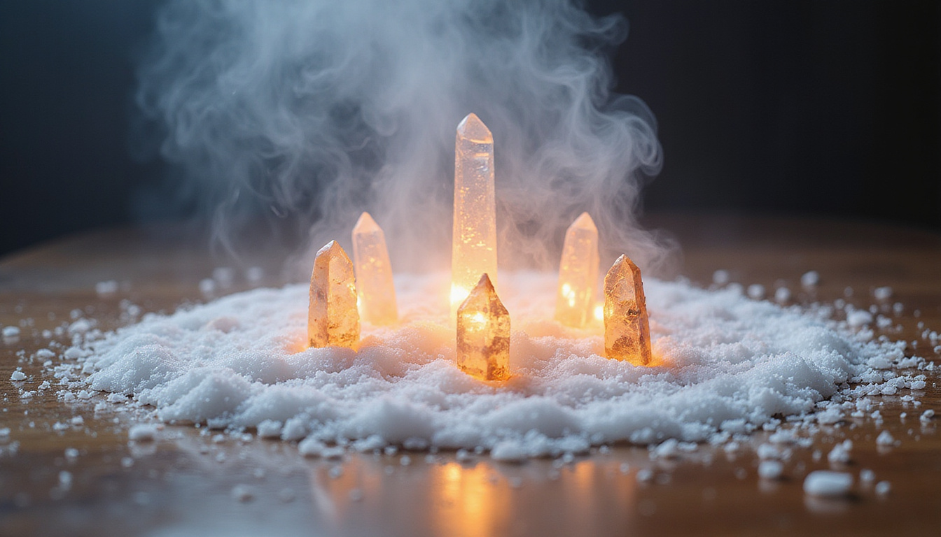  Crystal grid, salt line, burning palo santo, floating negative energy dissolving into radiant white mist