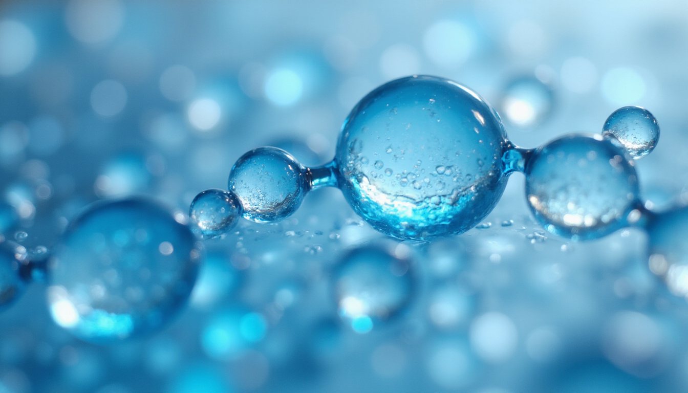  Close-up omega-6 molecular structure merging with calming blue gel, anti-inflammatory aura