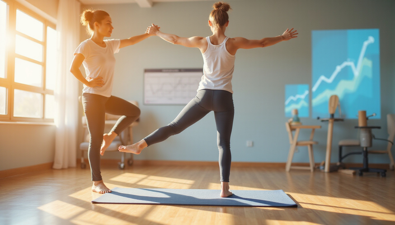  Patients improving mobility with balance exercises, dynamic motion blur, progress charts, optimistic warm lighting