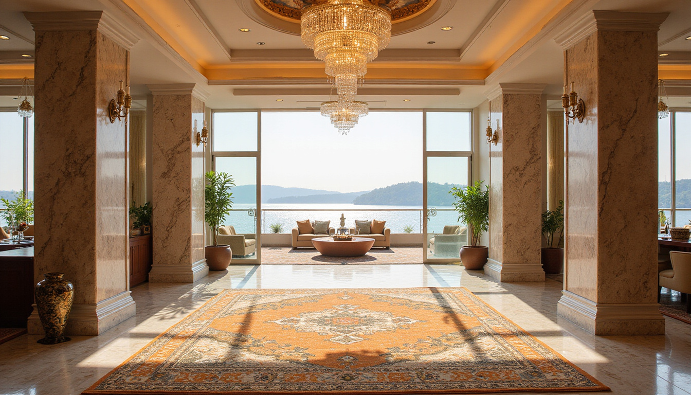  Grand hotel interior with marble columns, papyrus-pattern rugs, crystal chandeliers, panoramic river view