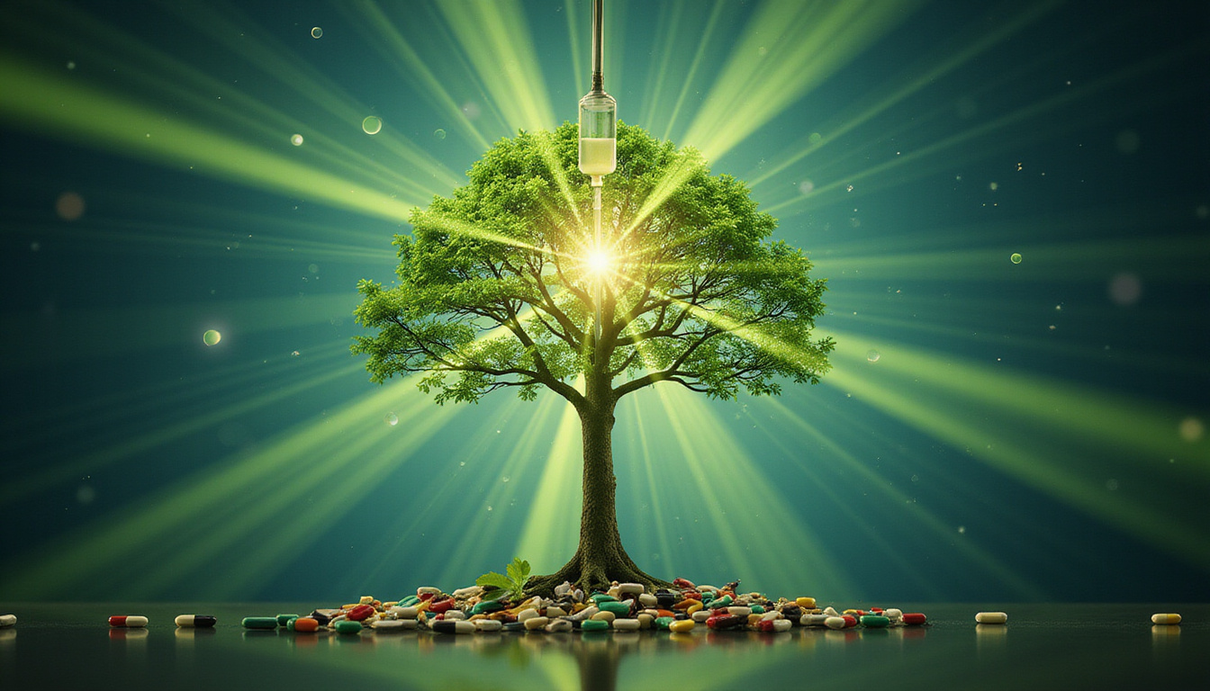  Symbolic collage: pills, IV drip, radiation beams merging into green life tree, vibrant cinematic lighting